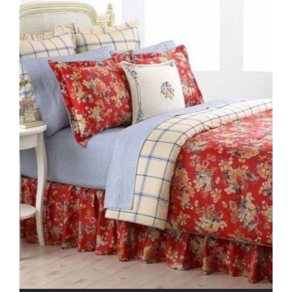 Ralph Lauren Full Queen Size Comforter Red Floral Madeline 100% Cotton Sateen